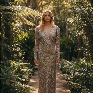 Mac Duggal Shimmering Silver Long Sleeve Dress